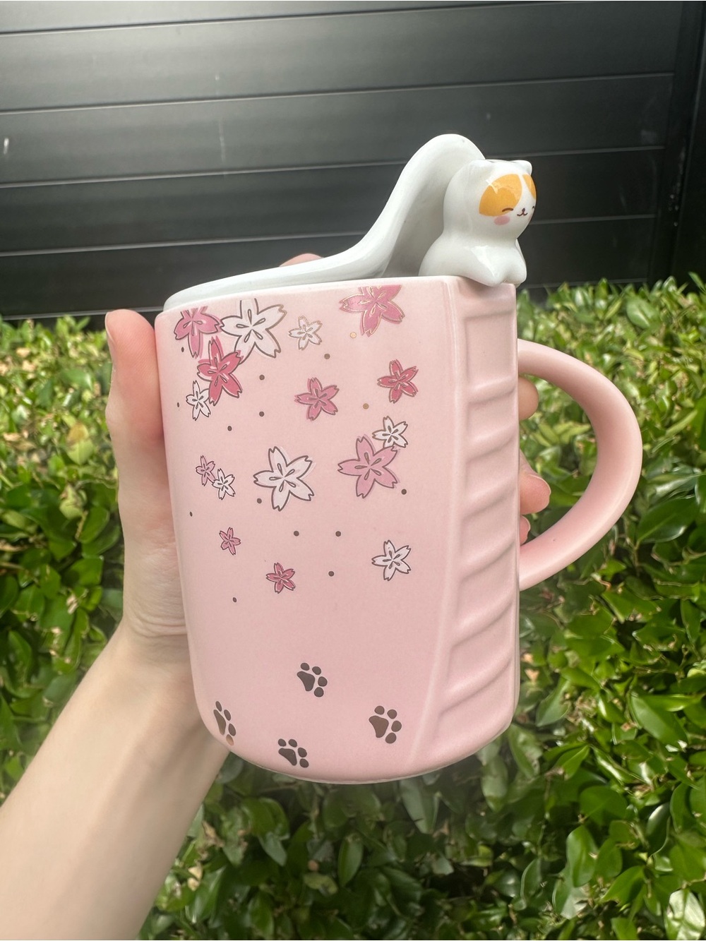 Cute Kawaii Cat Spoon Pink Ceramic Coffee Mug with Sakura Cherry Blossoms